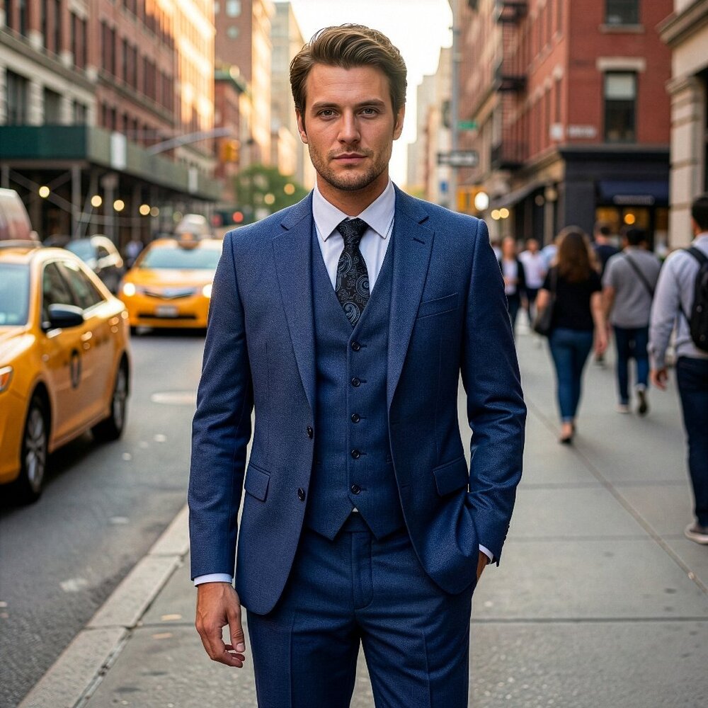 New 2026 Mens 3pc Sharkskin Blue Suit Set, Hybrid Fit (H1)